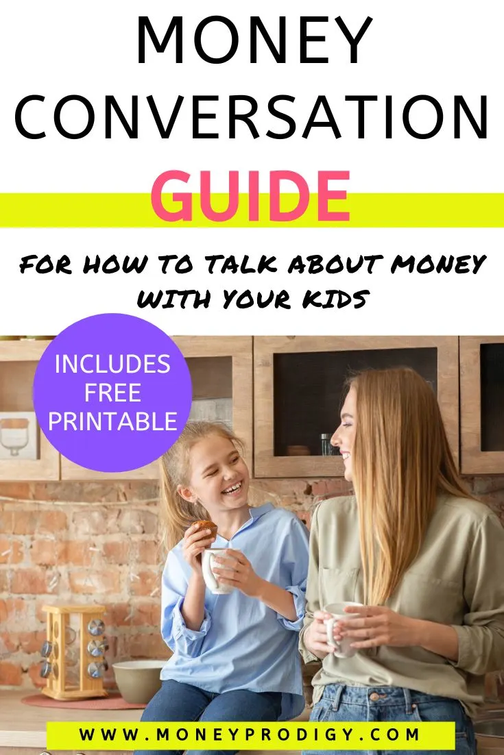mother smiling with daughter on kitchen counter, text overlay "money conversation guide for how to talk about money to kids"