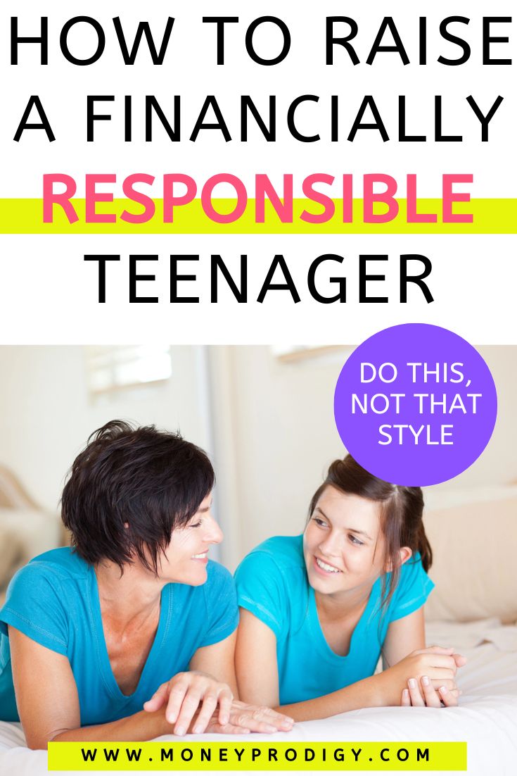 Mom talking to daughter both in blue shirts, text overlay "how to raise a financially responsible teenager"