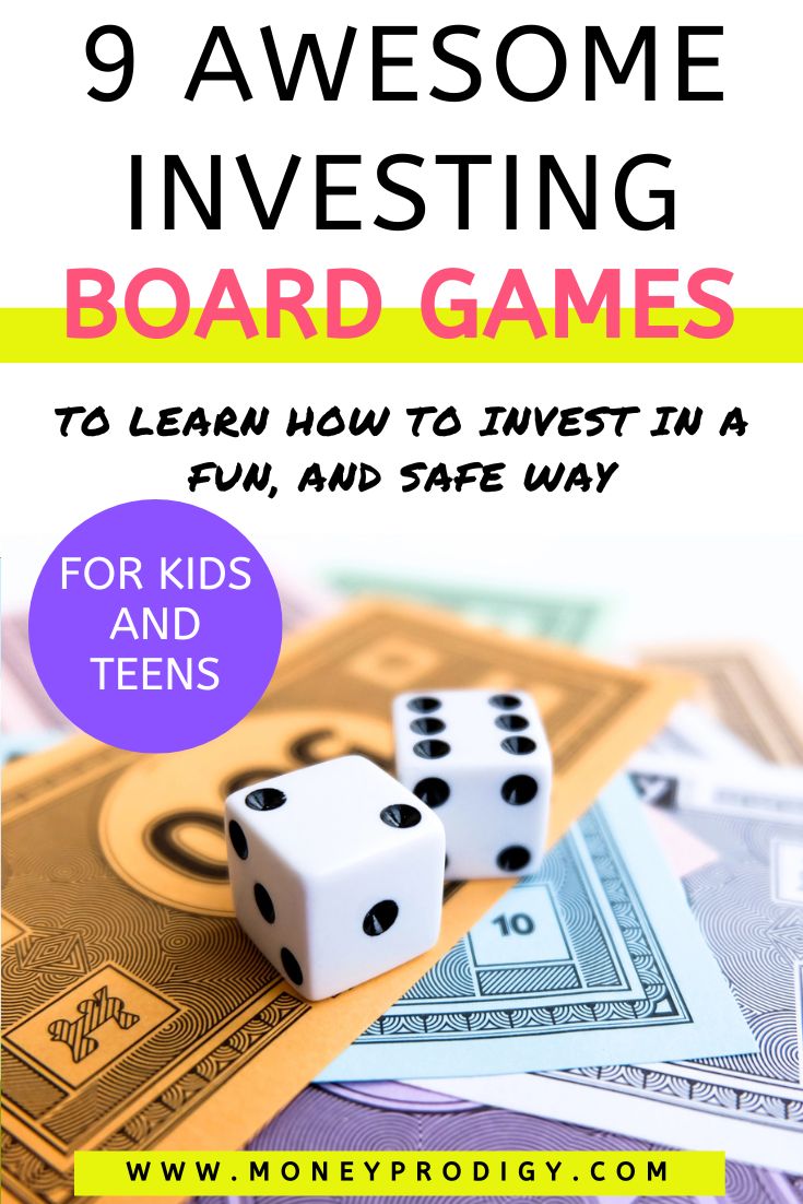 pretend game money on white table with dice, text overlay "9 awesome investing board games for kids and teens"