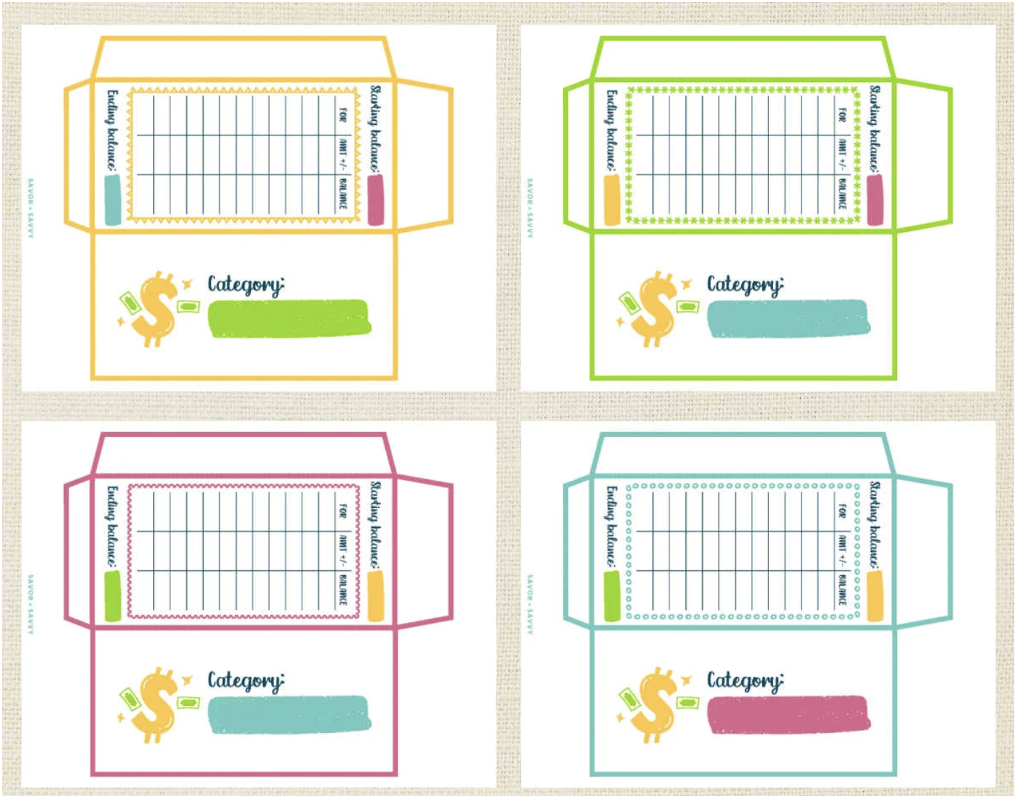 four money envelopes for kids with bright colors outlining each