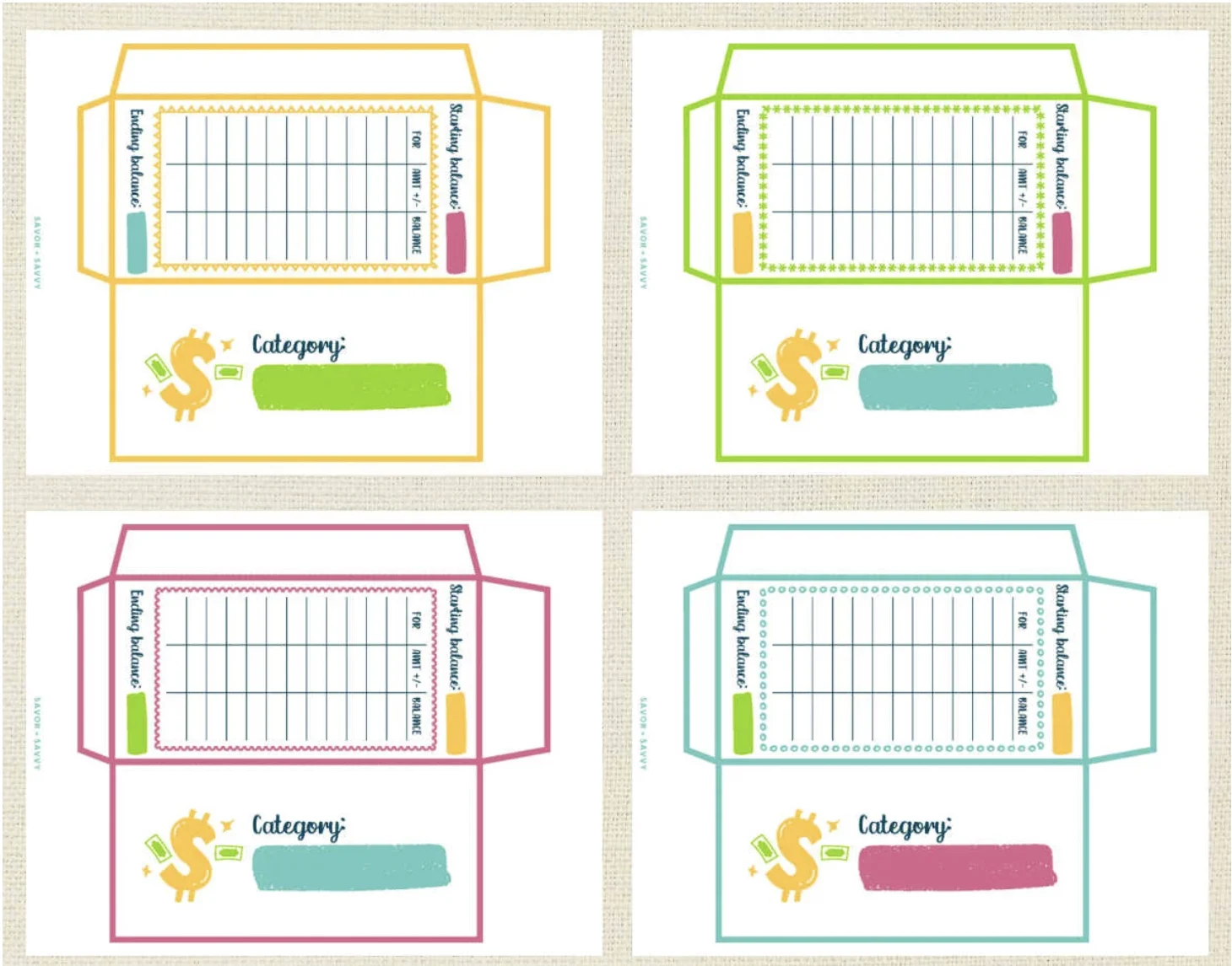 four money envelopes for kids with bright colors outlining each