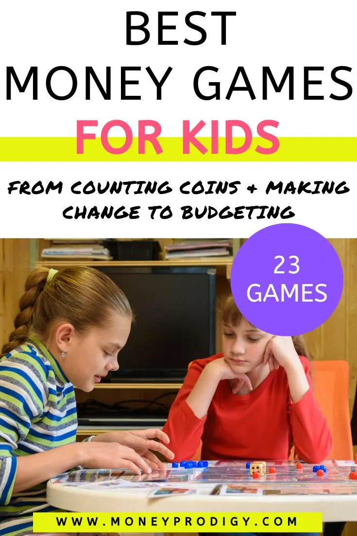 two girls playing money game, text overlay "best money games for kids"