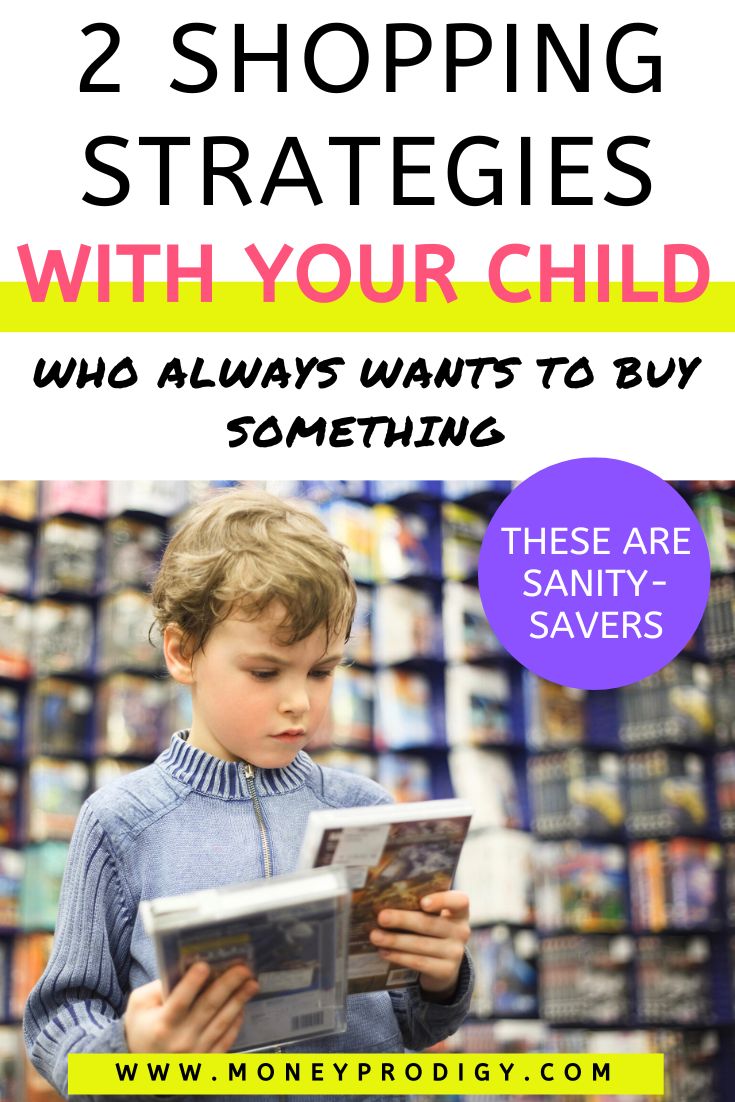 boy looking at two video games in store, text overlay "2 shopping strategies with your child when they always want to buy something"