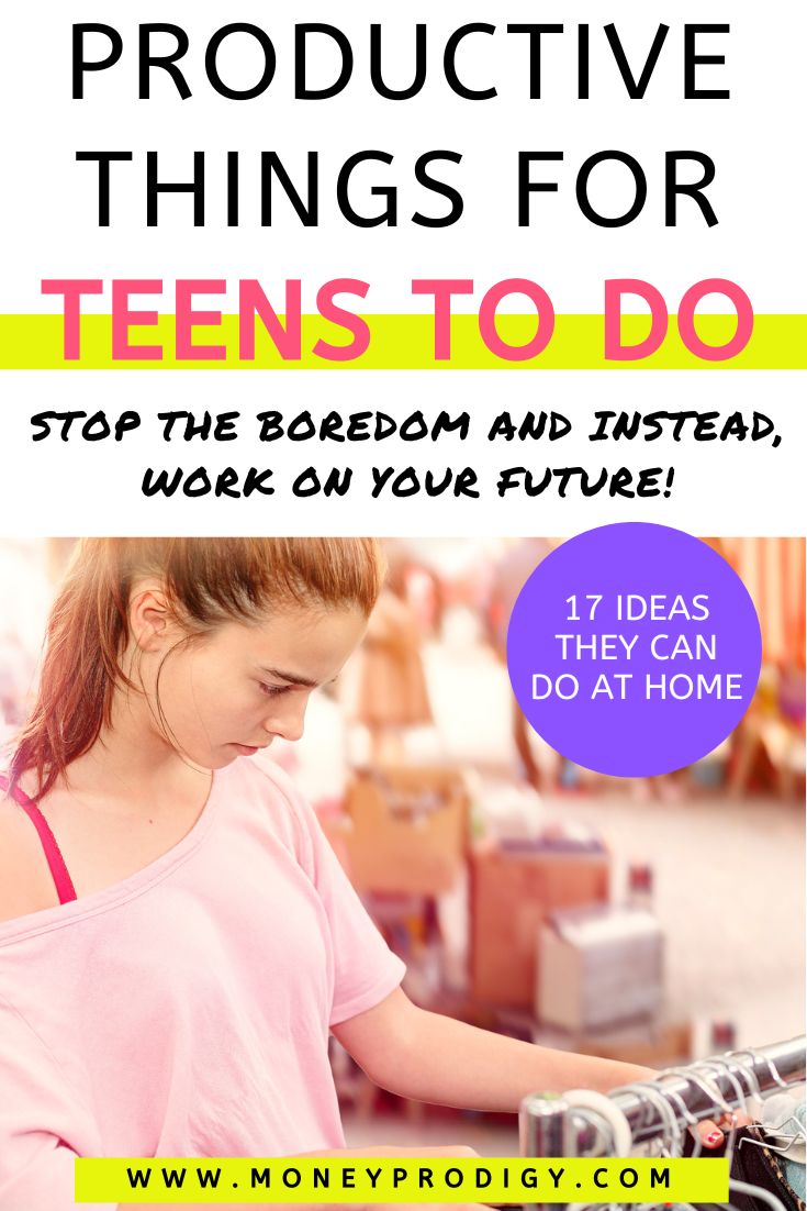 teen girl in pink shirt shopping, text overlay "productive things for teens to do at home"