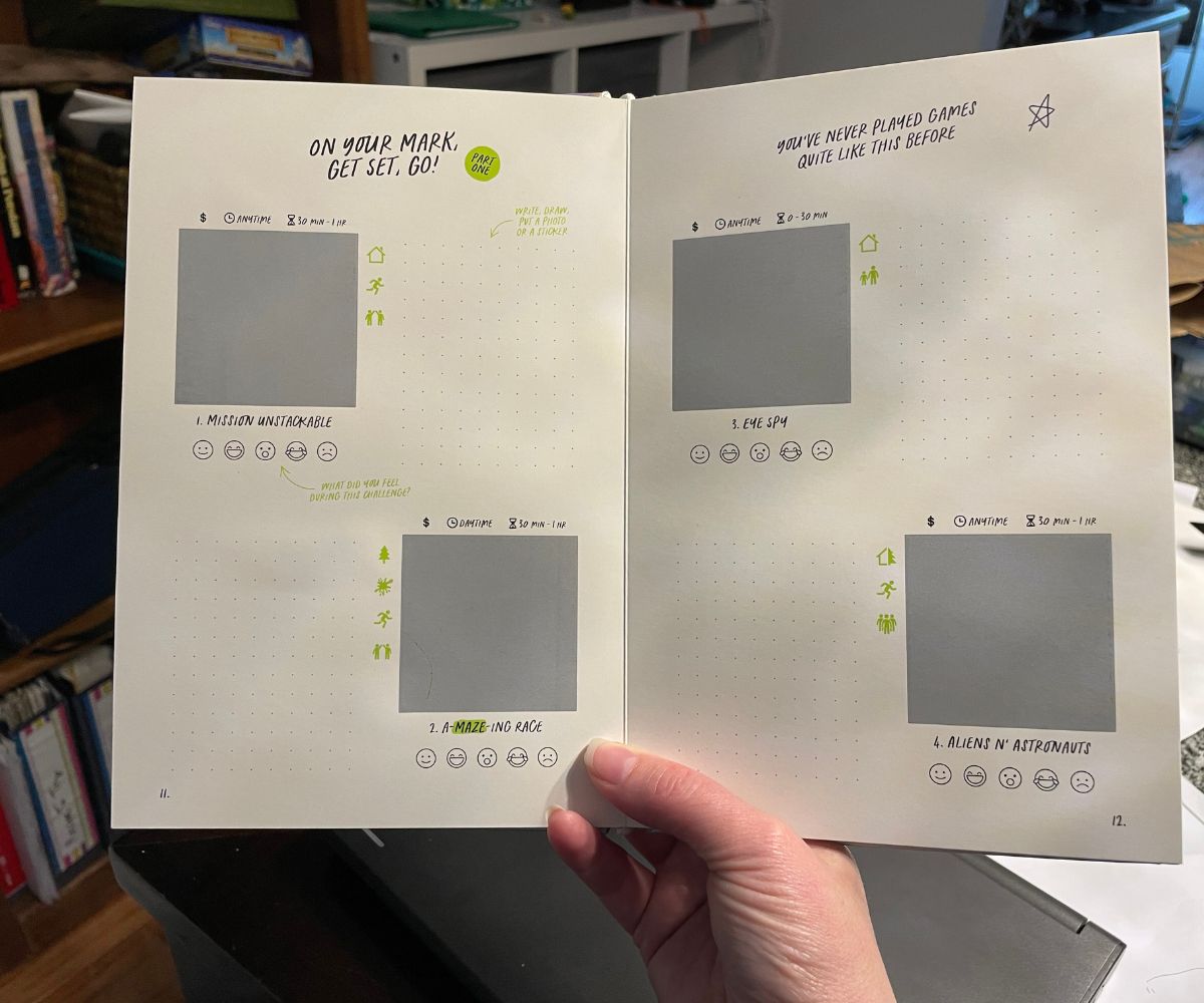 inside Kid Adventure Challenge book showing pages of scratch-offs for indoor and outdoor activities