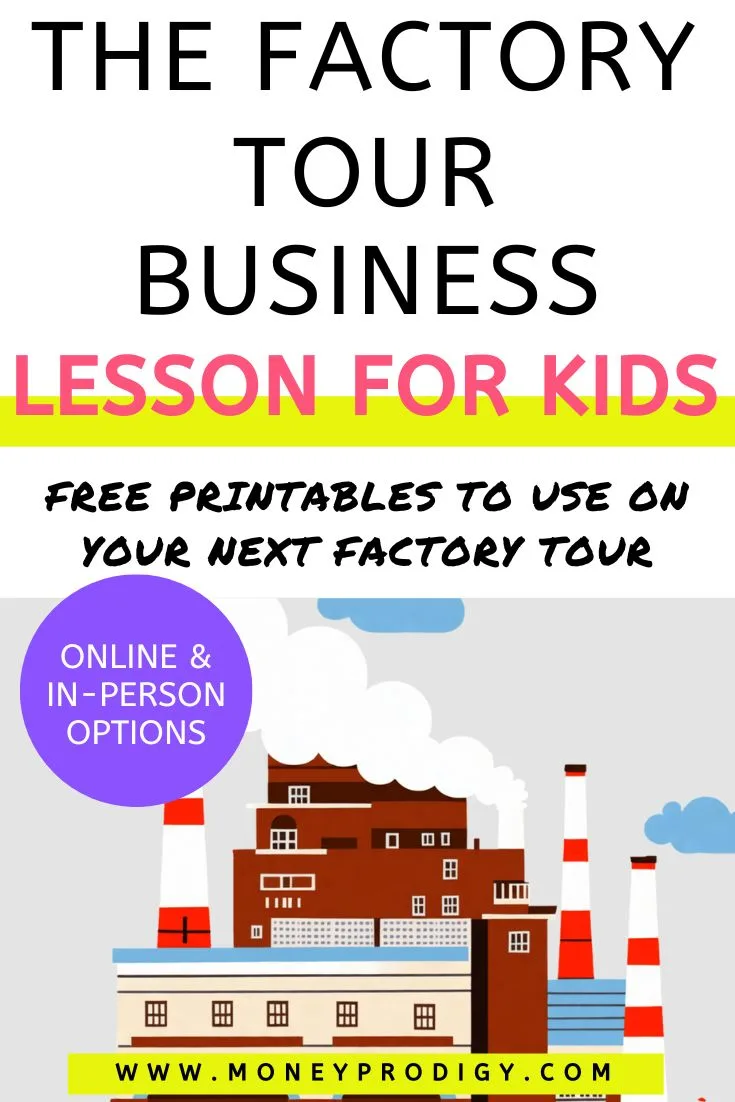 cartoon factory building, text overlay "The Factory Tour business lesson for kids & teens, free printables"