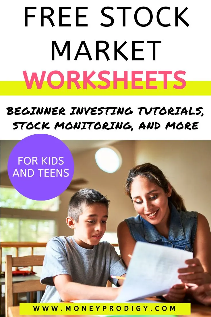 mother helping child with worksheet at home, text overlay "free stock market worksheets for kids and teens"
