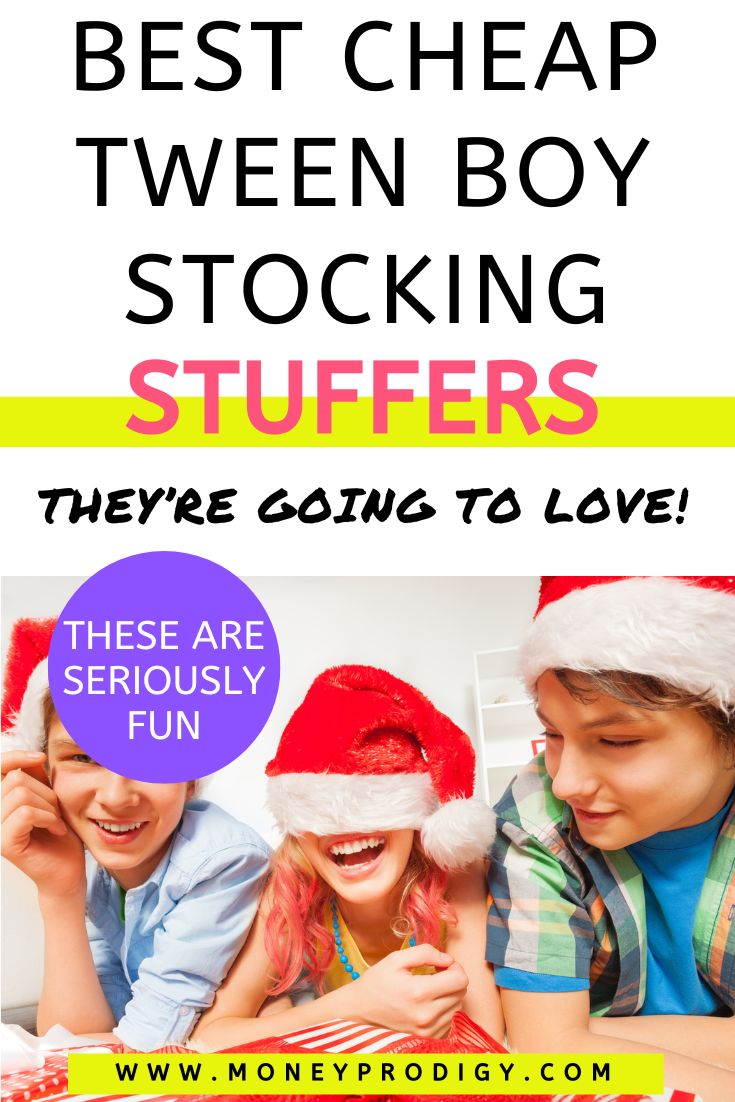 two tween boys and tween girl in Santa hats, text overlay "best cheap tween boy stocking stuffers"