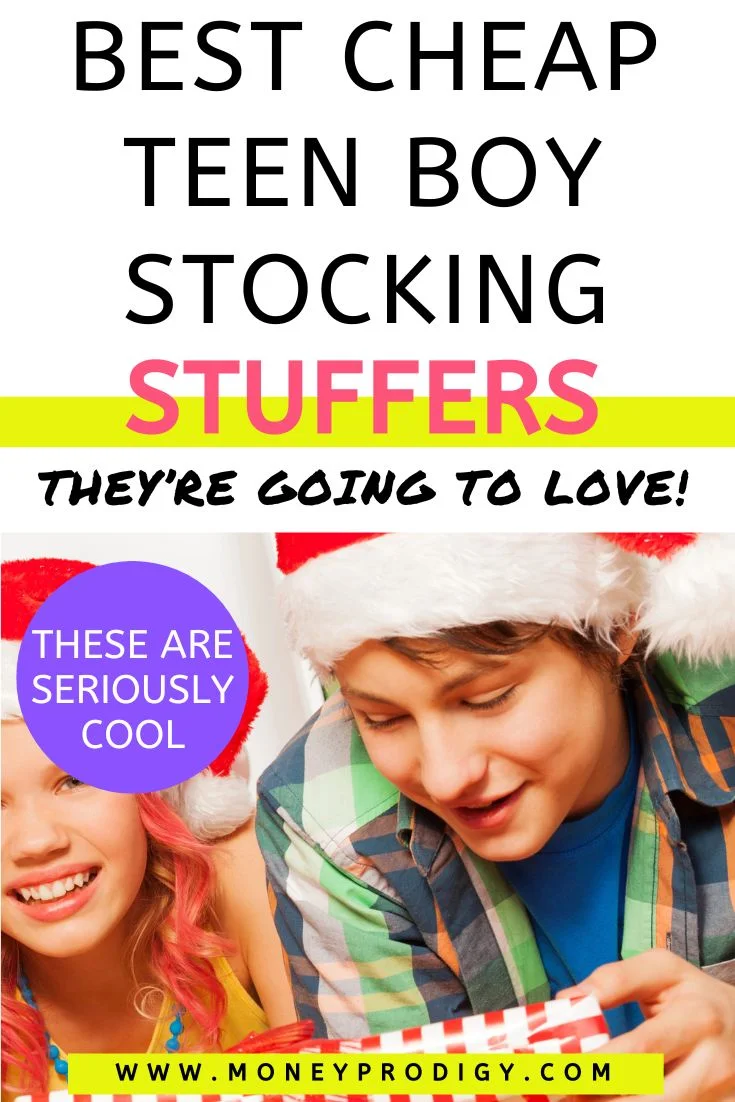 teen boy with Santa Hat opening gift, text overlay "best teen boy stocking stuffers"