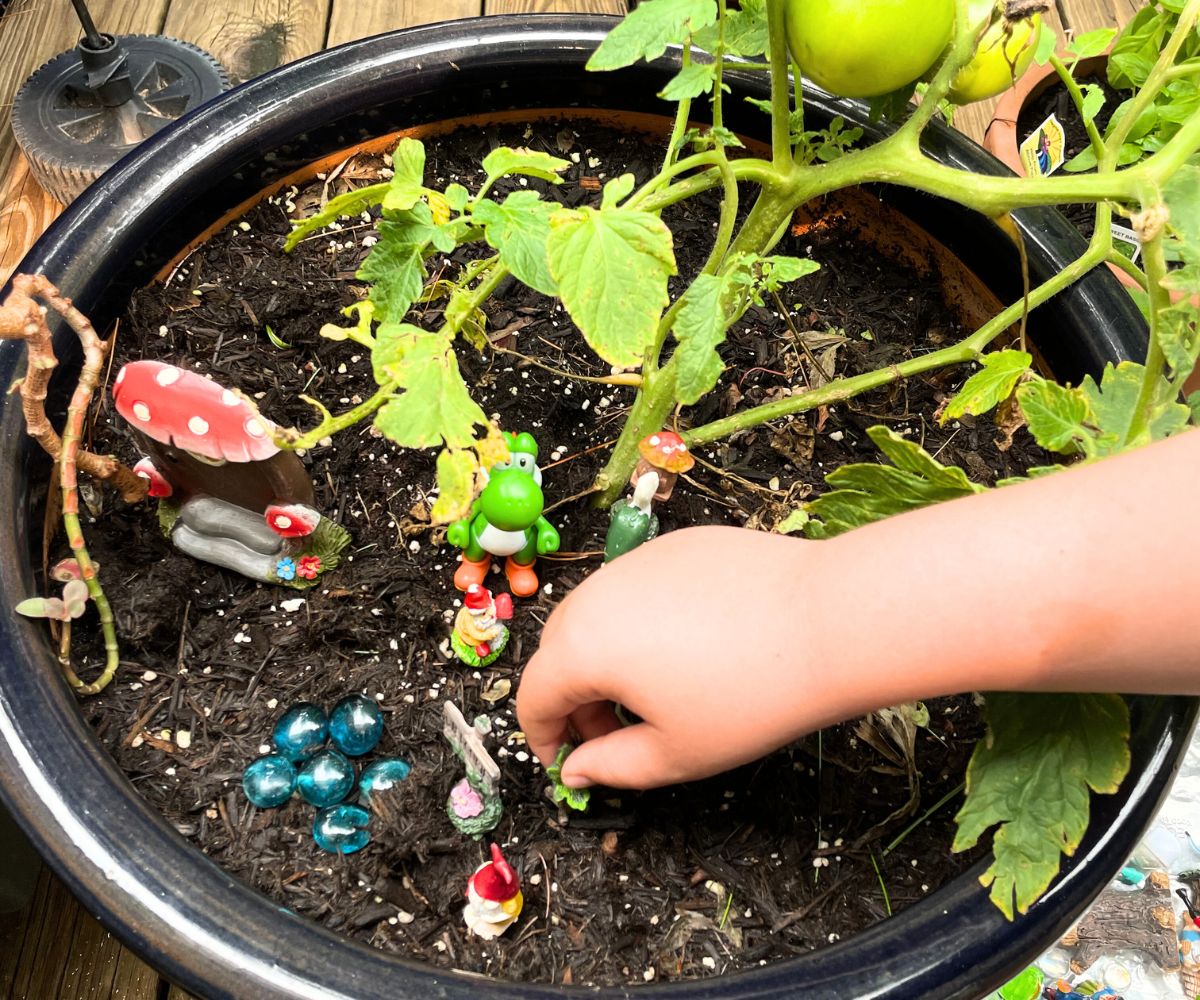 tween arm building a gnome garden in tomato plant planter