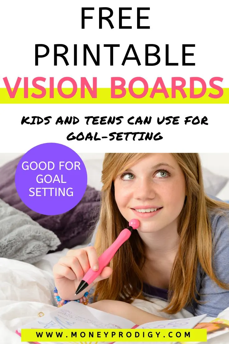 teen girl smiling looking up in air on bed, text overlay "free printable vision boards"