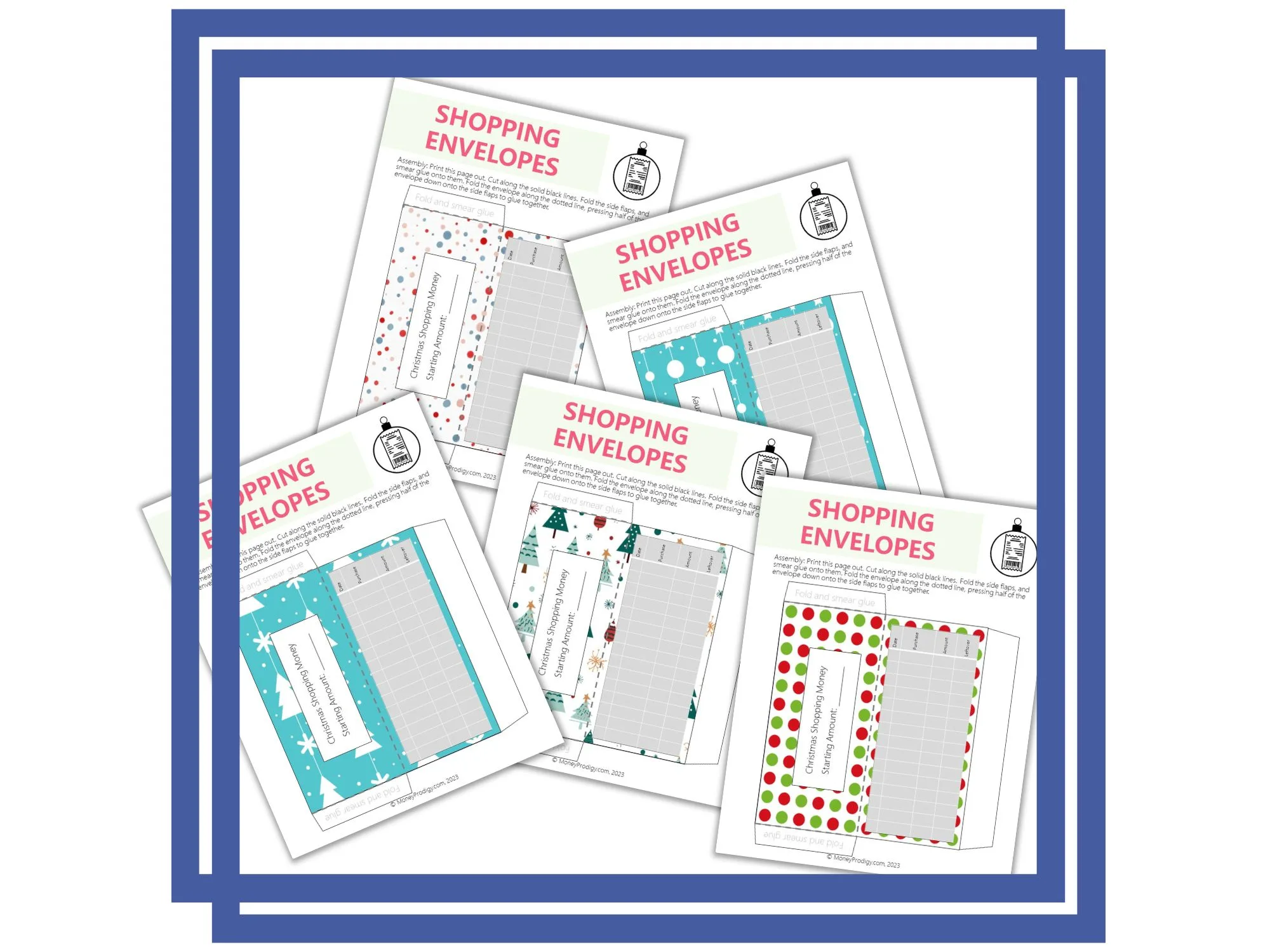 five modern Christmas designed cash shopping envelopes