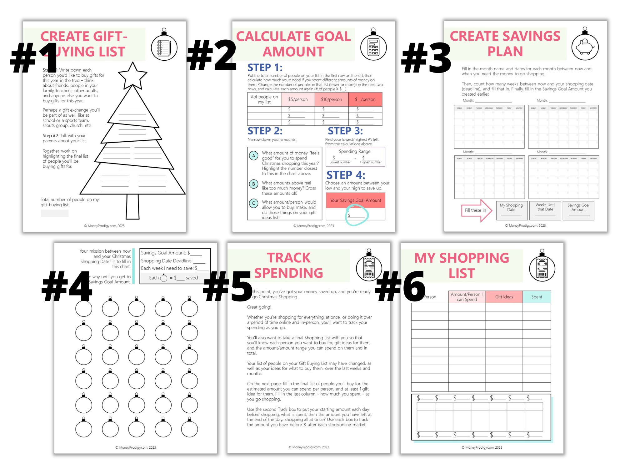 six parts to the Christmas Gift-Buying Kit shown with a cover page for each
