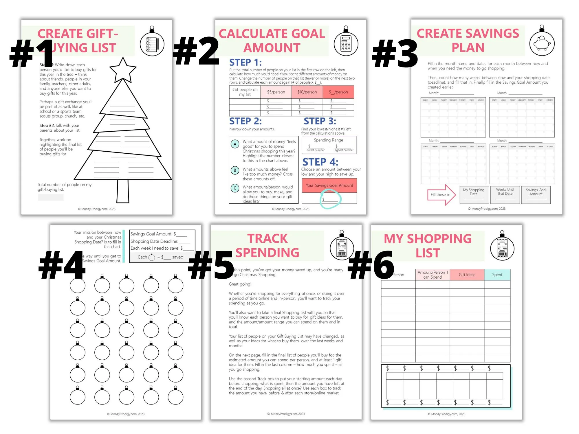 six parts to the Christmas Gift-Buying Kit shown with a cover page for each