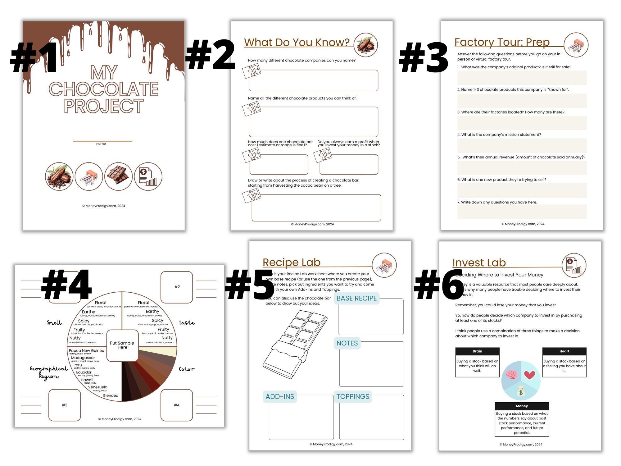 flatlay of 6 pages of the Chocolate business project