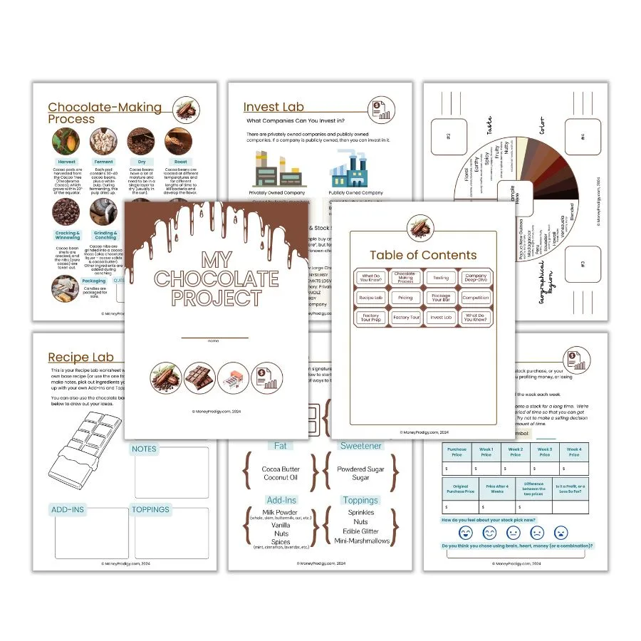 Chocolate Business Project printables with browns, blues, and mostly white