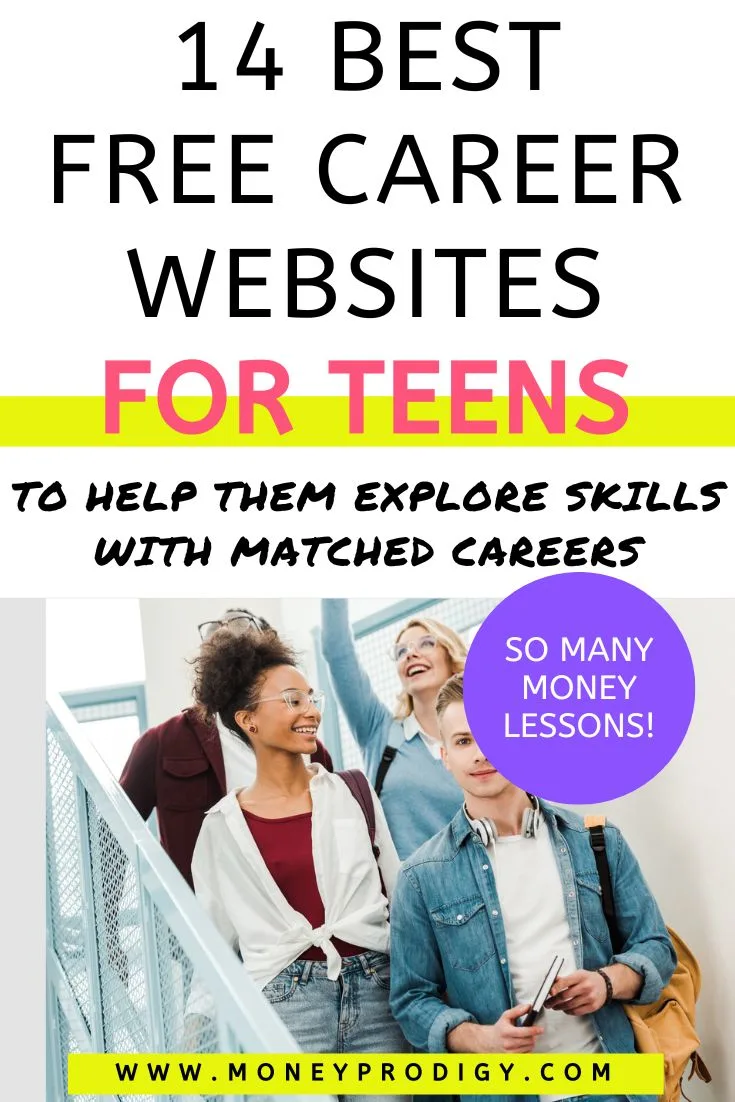 group of teens walking down high school stairs, text overlay "14 best free career websites for teens"