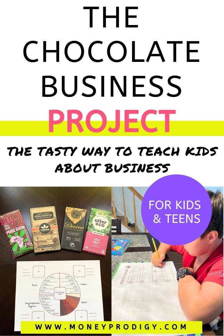 chocolate tasting mat with 4 bars, and child filling in workbook, text overlay "The Chocolate Business Project for Kids and Teens"