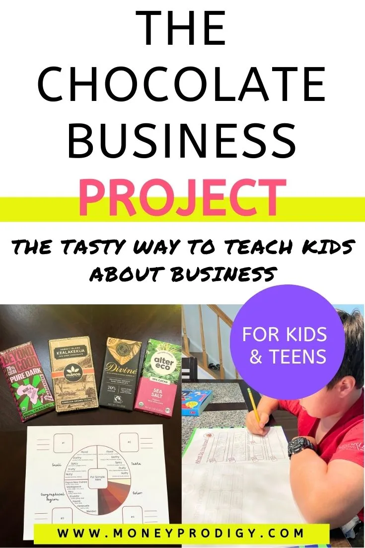 chocolate tasting mat with 4 bars, and child filling in workbook, text overlay "The Chocolate Business Project for Kids and Teens"
