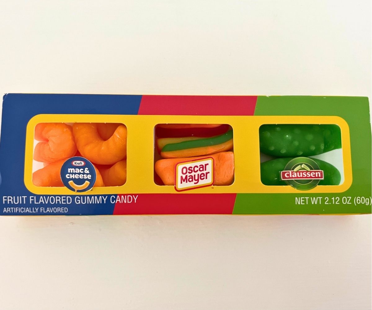 weird-looking gummy candies to look like mac'n'cheese, hot dogs, and pickles