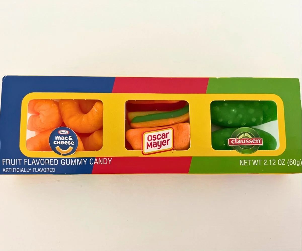 weird-looking gummy candies to look like mac'n'cheese, hot dogs, and pickles