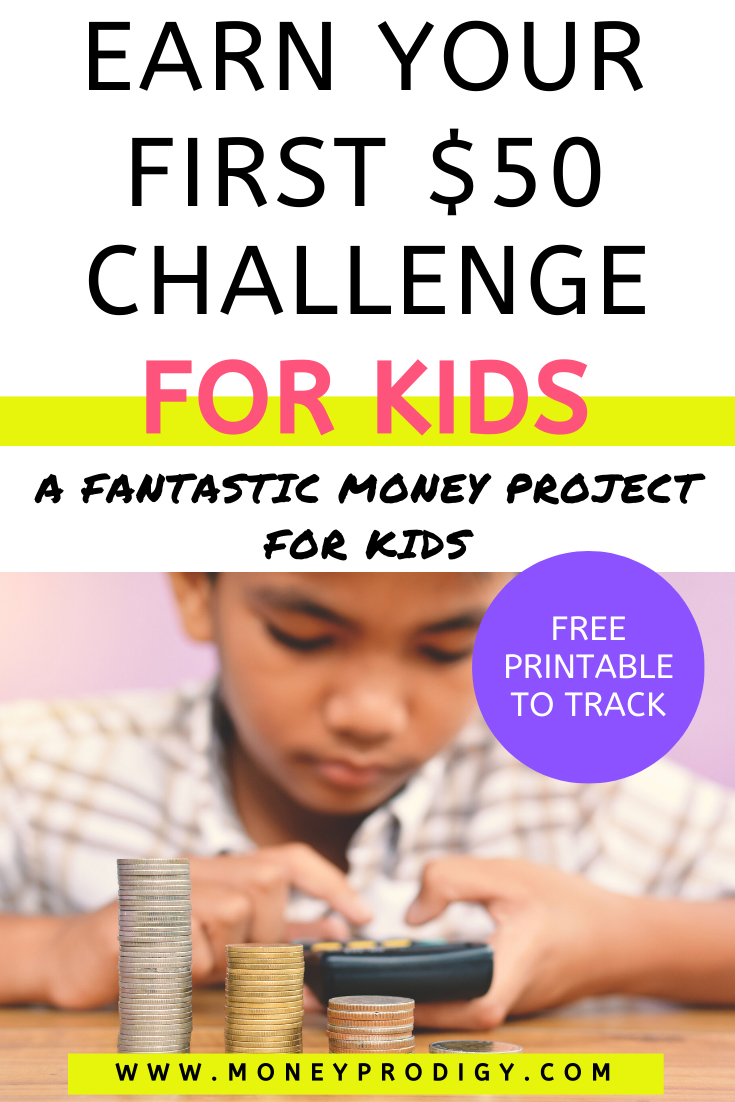 boy counting coins on desk, text overlay "earn your first $50 challenge for kids"