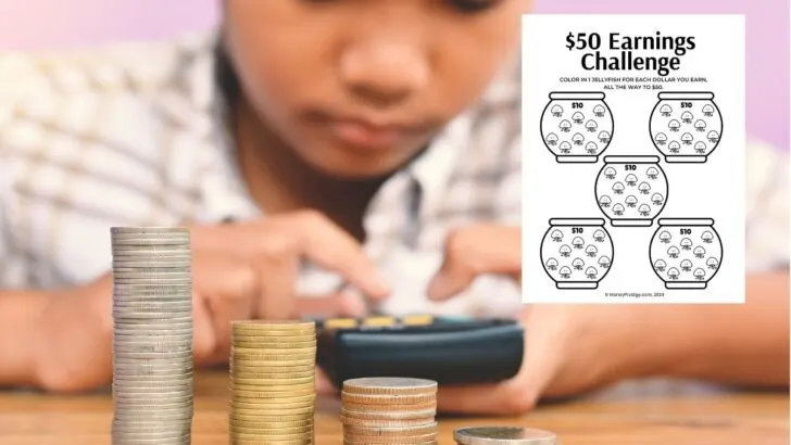 boy child counting coins with calculator