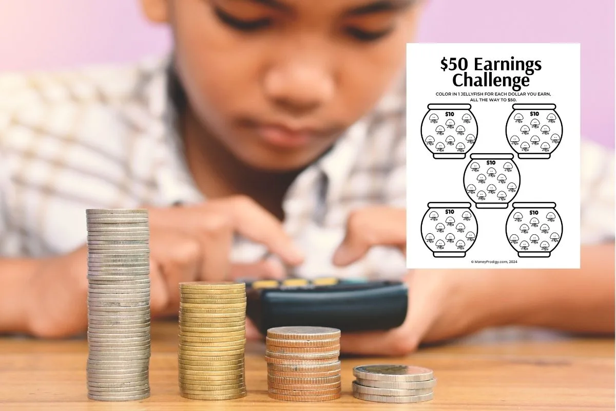 boy child counting coins with calculator