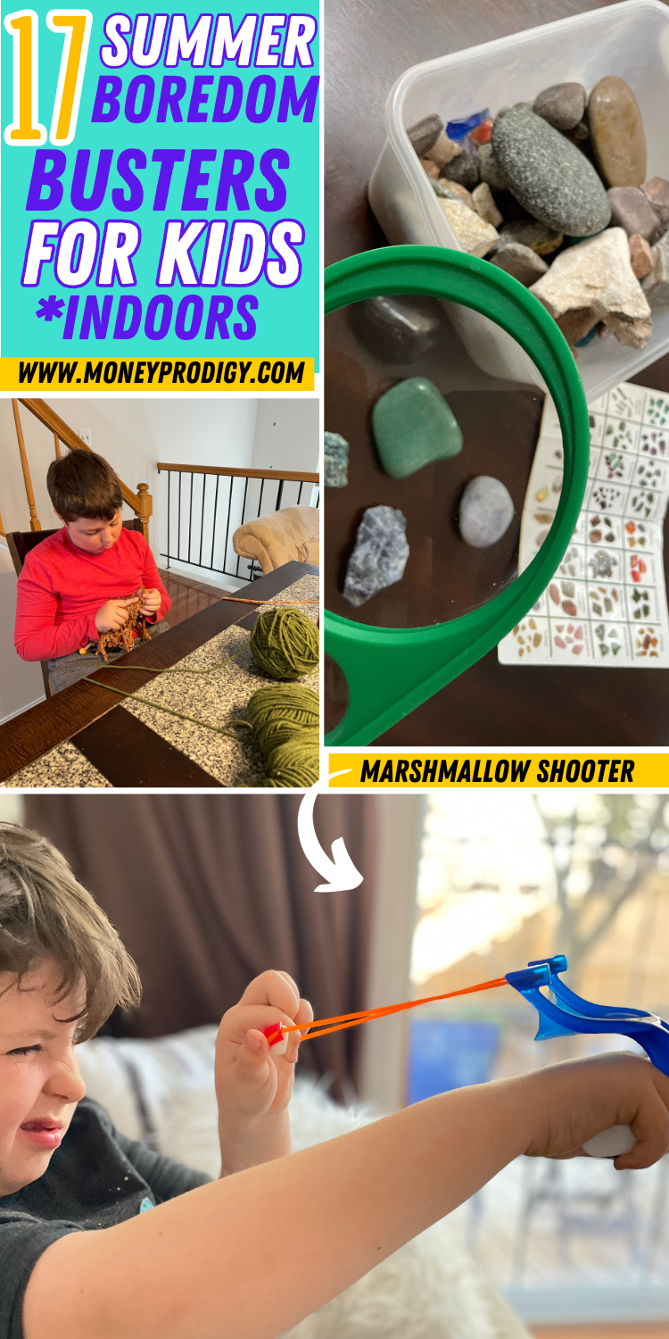 rocks collection, boy knitting, and using marshmallow shooter, text overlay "summer boredom busters for kids, indoors"