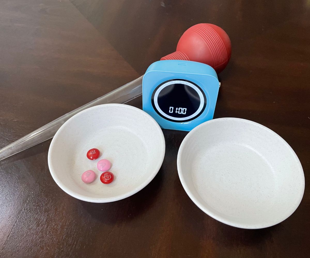 turkey baster, blue timer, and two bowls, one with a few M&Ms in it