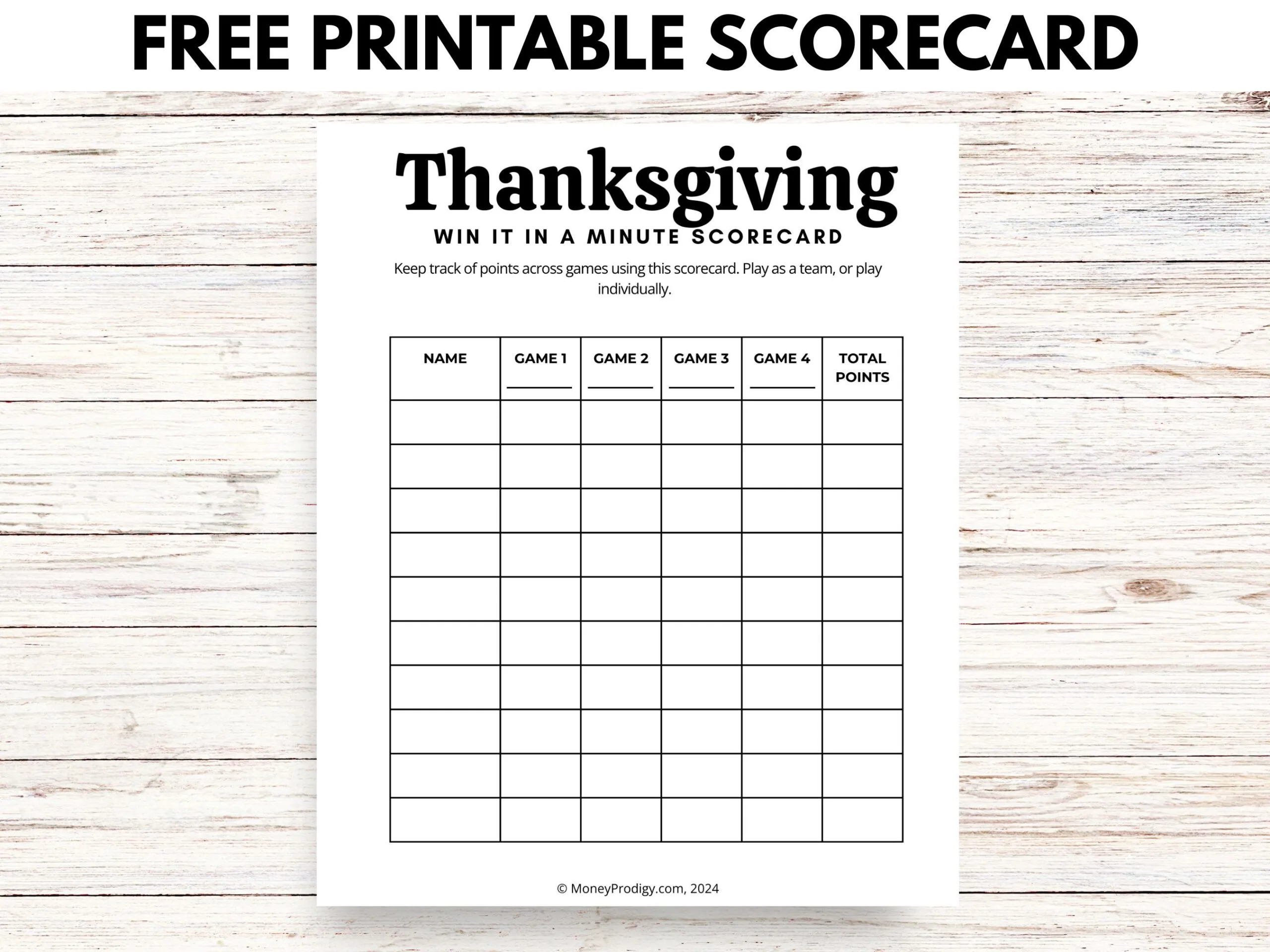 Free printable minimalist black and white scorecard, blank, on wooden desk
