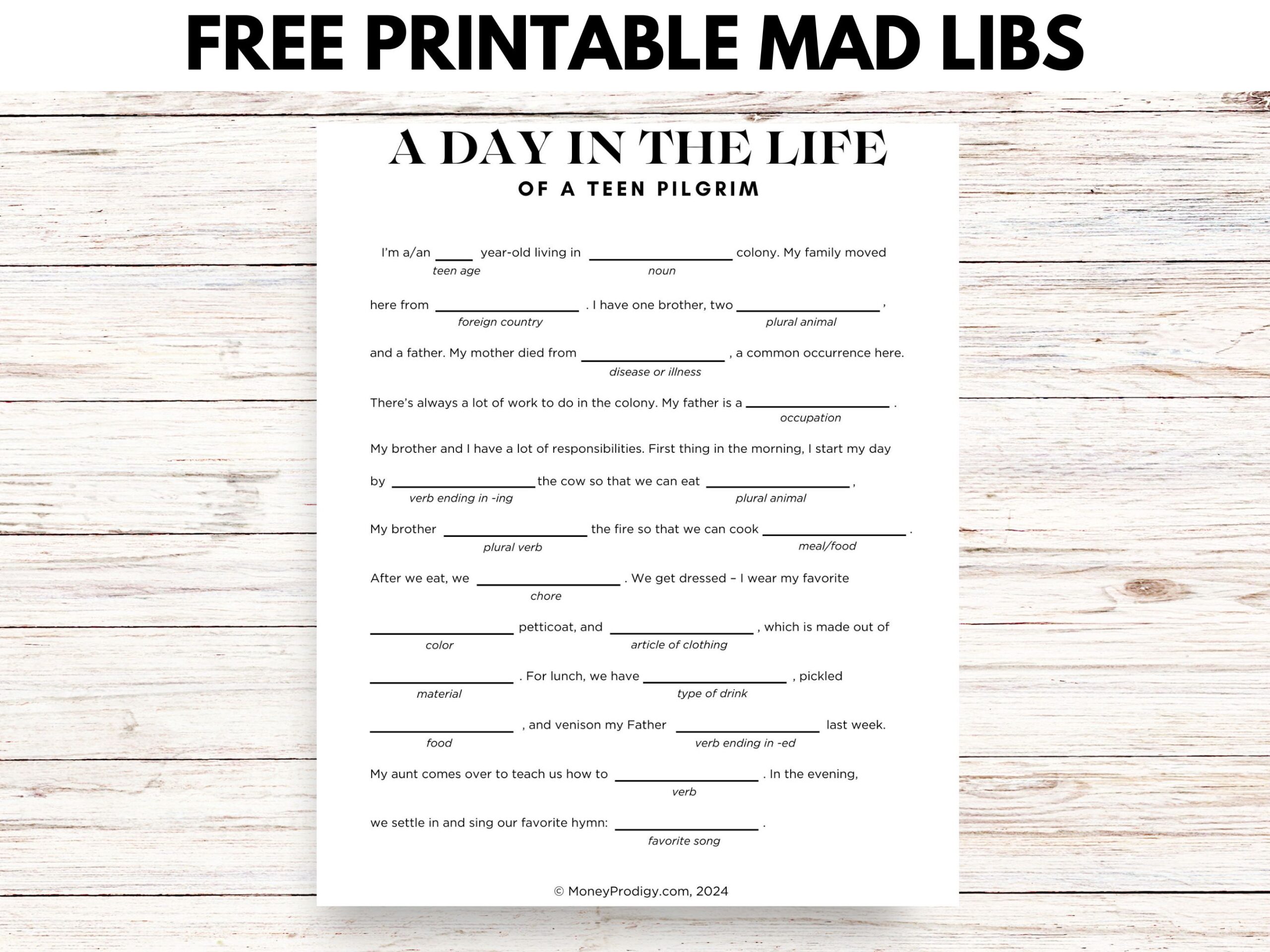 A Day in the Life of a Pilgrim PDF teen mad libs printable