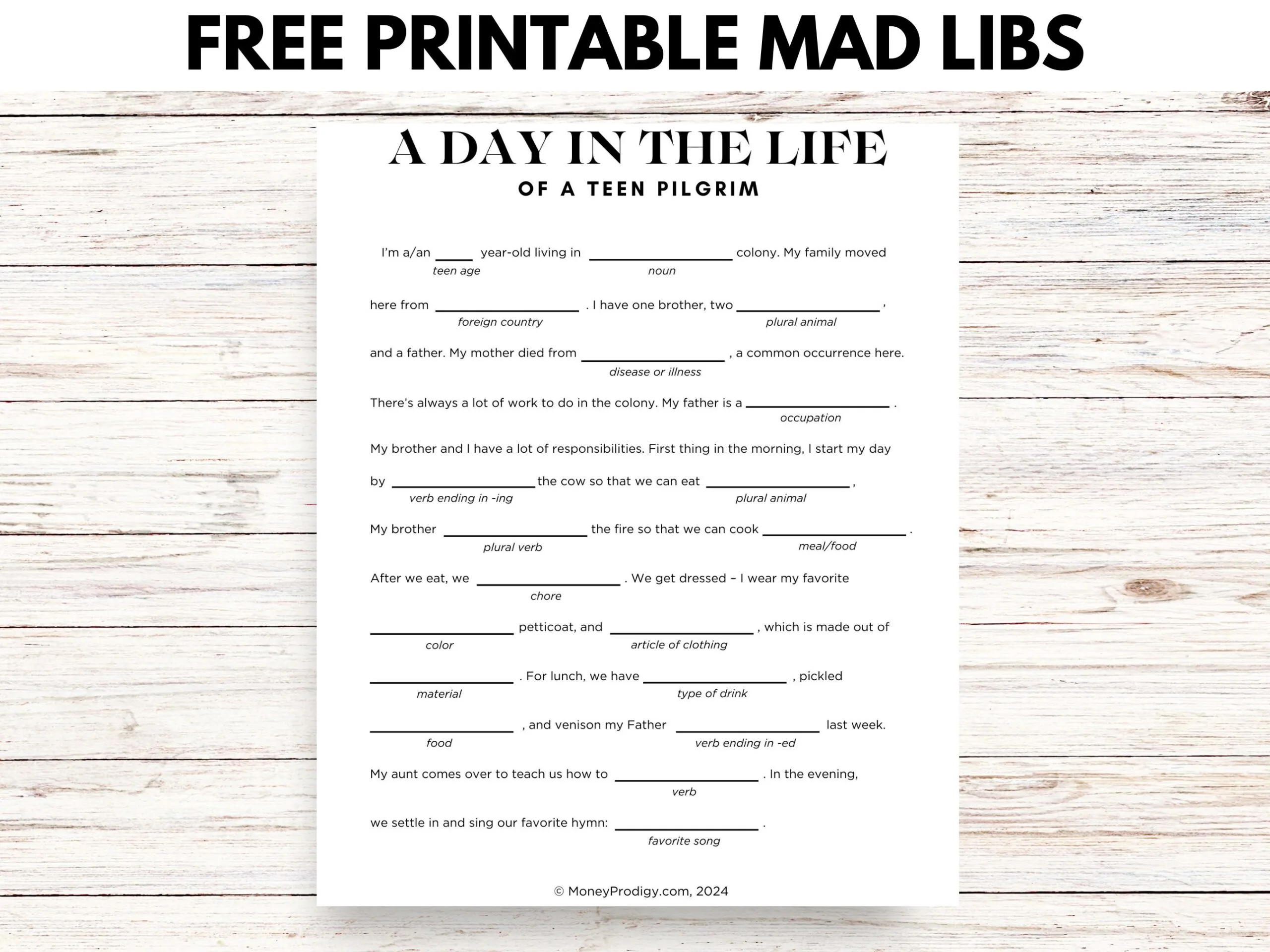 A Day in the Life of a Pilgrim PDF teen mad libs printable