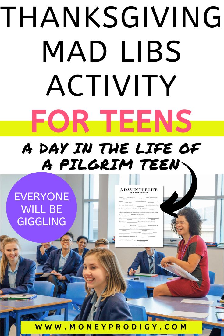 classroom of teens dressed in school uniforms, laughing, text overlay "Thanksgiving Mad Libs Activity for Teens"