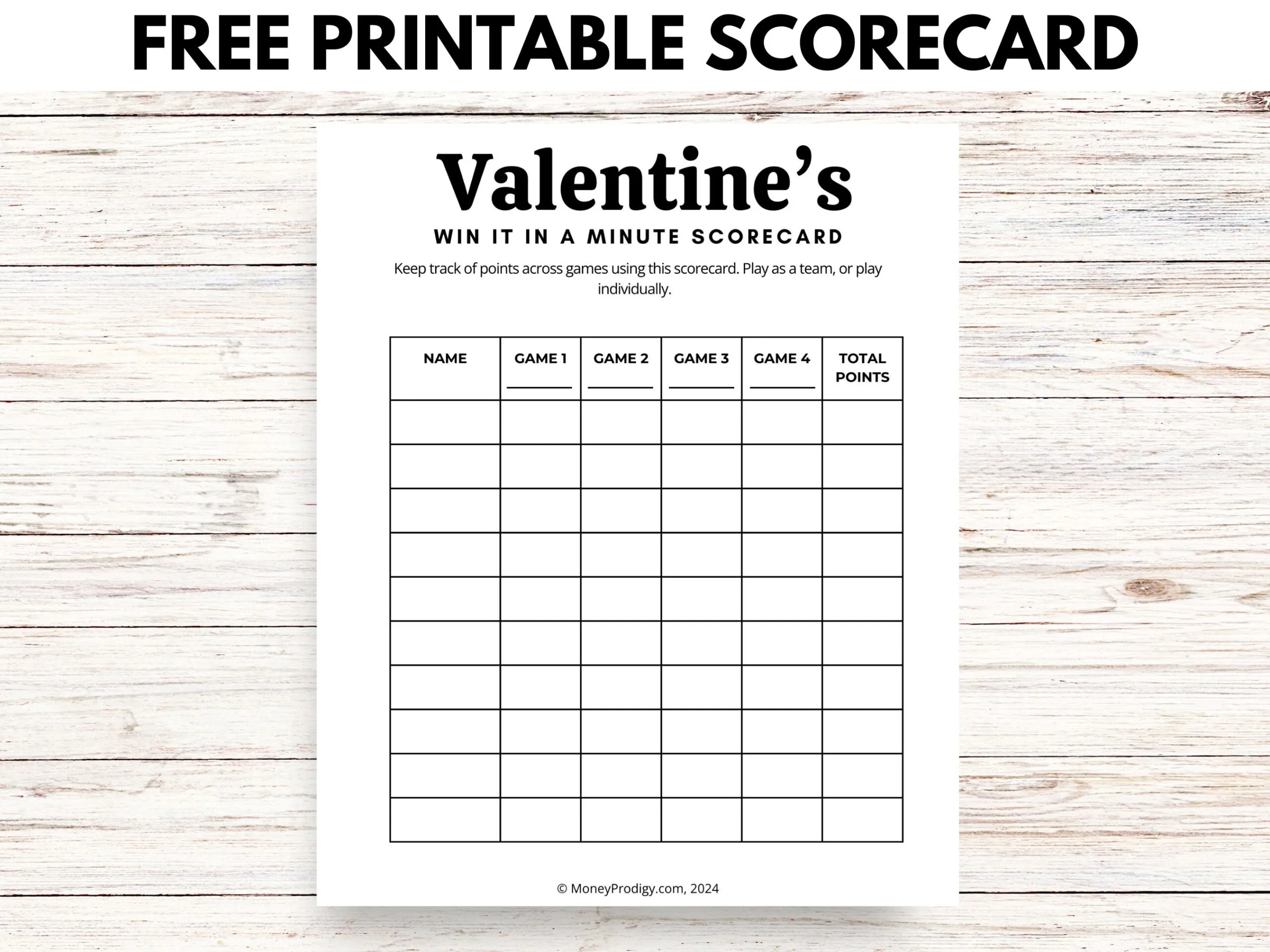 Valentine's Win it In a Minute minimalist black and white scorecard on wooden desk