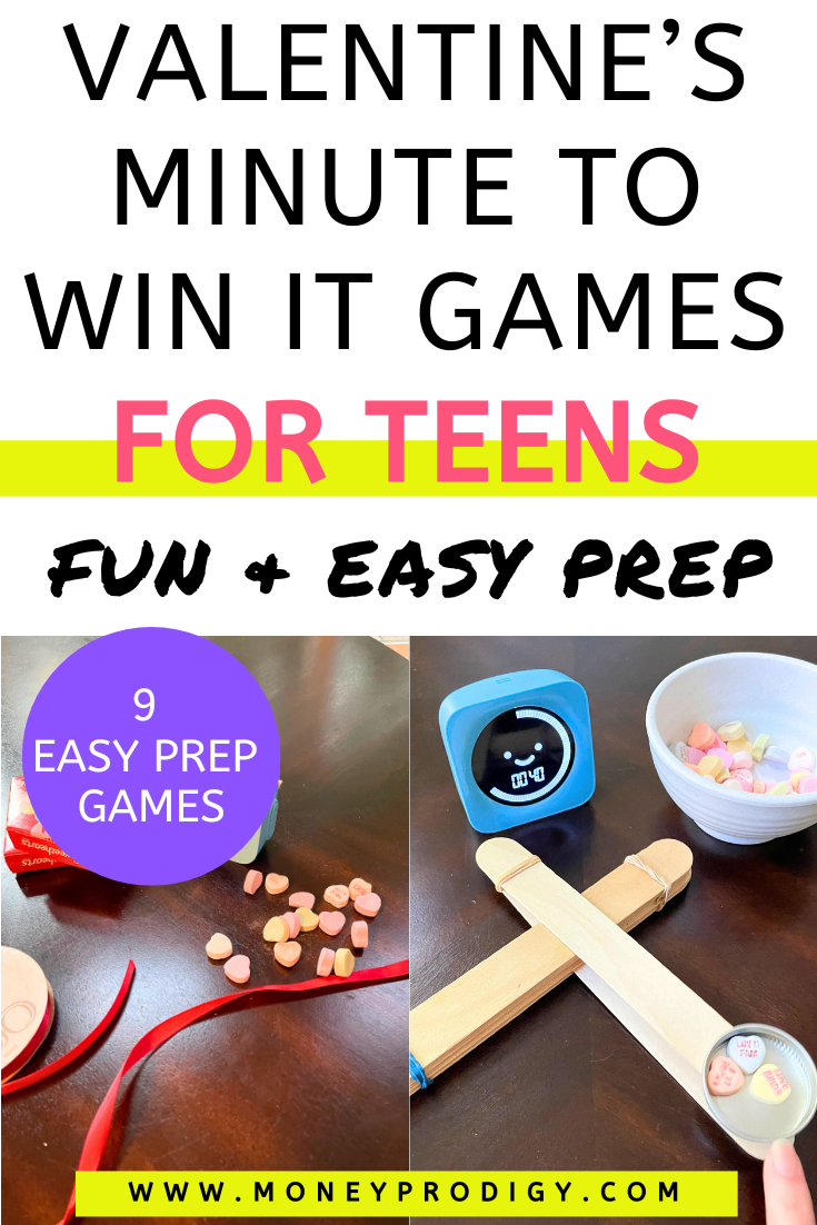 two Valentine's themed minute to win it games on dark table, text overlay "Valentine's Minute to Win it Games for Teens - fun and easy prep"