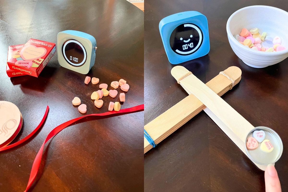 two Valentine's themed Minute to Win it Games on Dark Table