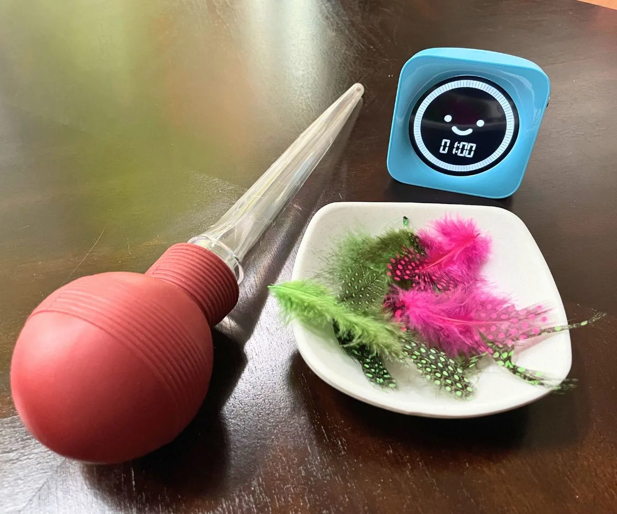 colorful feathers in small bowl, turkey baster, and blue timer set at 60 seconds