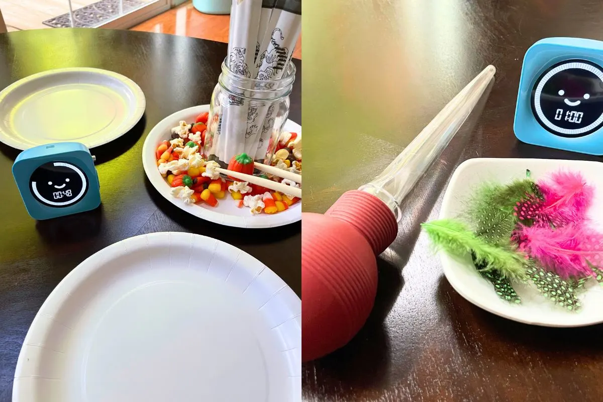 two Thanksgiving minute to win it games with blue timer on dark table