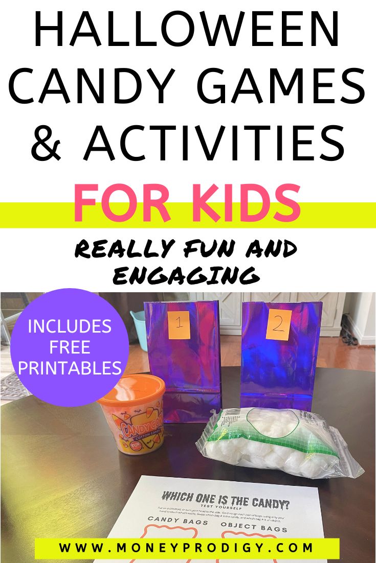 two purple bags with numbers on them for a game on dark table, text overlay "Halloween candy games and activities for kids"