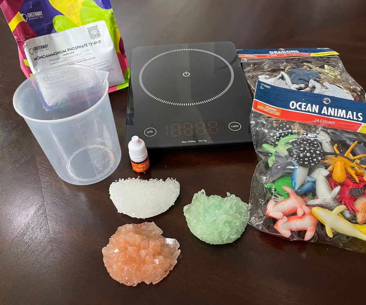 black weight scale, plastic beaker, three crystal landscapes, package of monoammonium phosphate, food dye, and two bags of figures