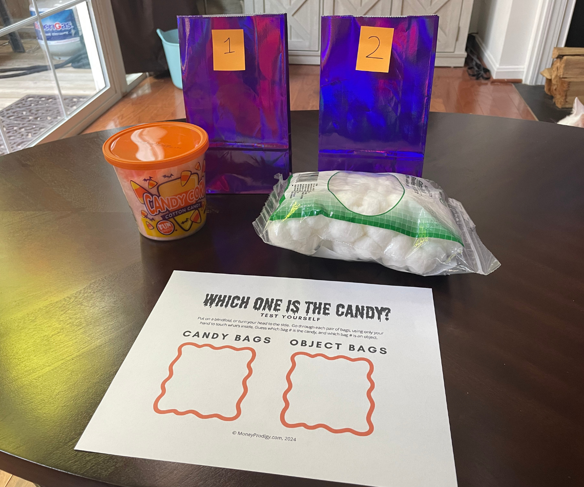 two purple bags with numbers 1 and 2, with cotton balls and cotton candy in front of them