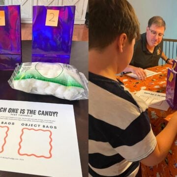 purple bags with numbers with cotton candy and cotton, and kid and adult doing games on Halloween table cloth