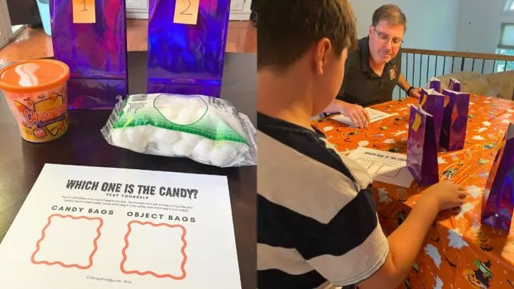 purple bags with numbers with cotton candy and cotton, and kid and adult doing games on Halloween table cloth