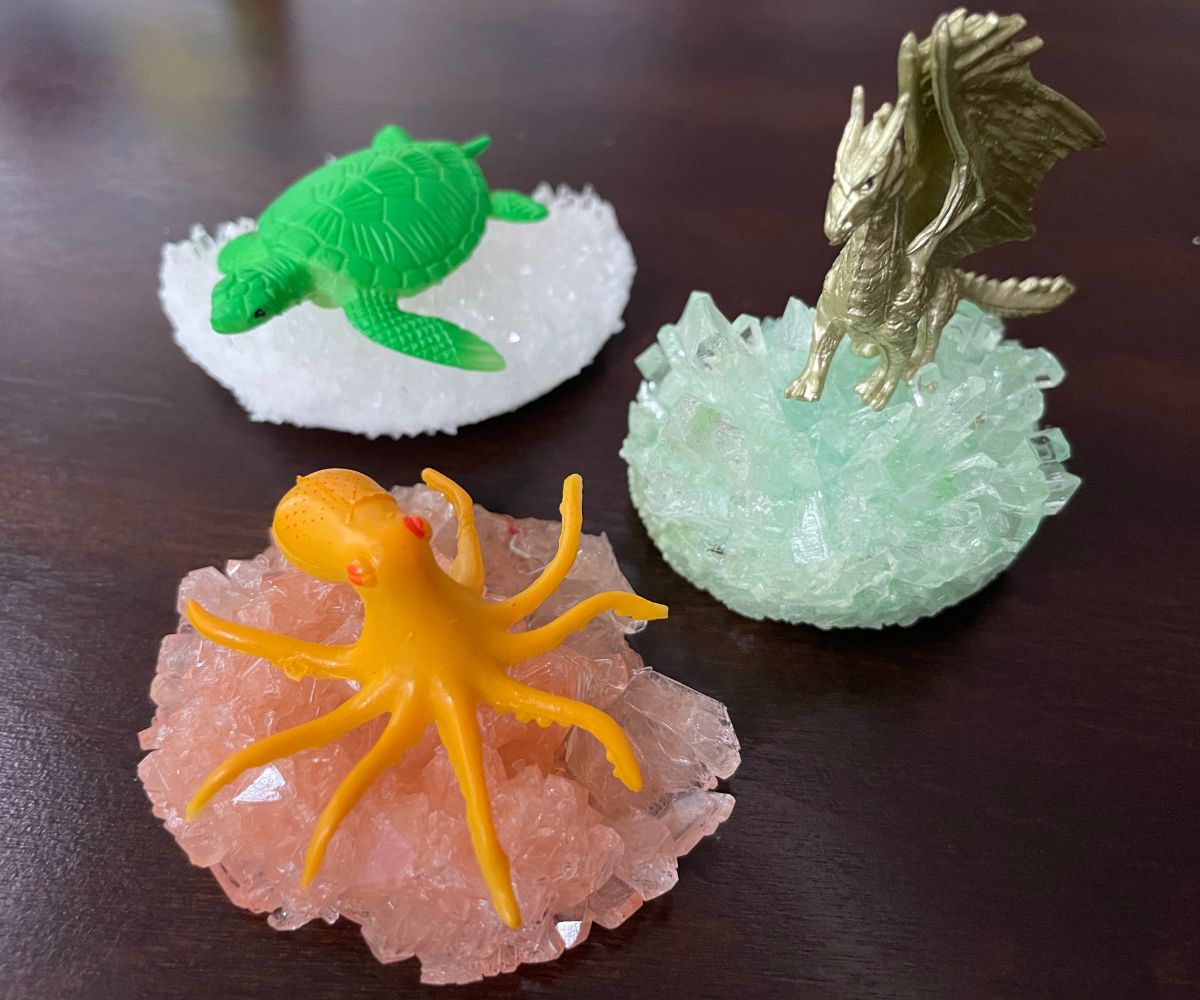 red, light green, and white crystal landscapes on dark table, one with a yellow octopus, one with a green turtle, and one with a gold dragon figure