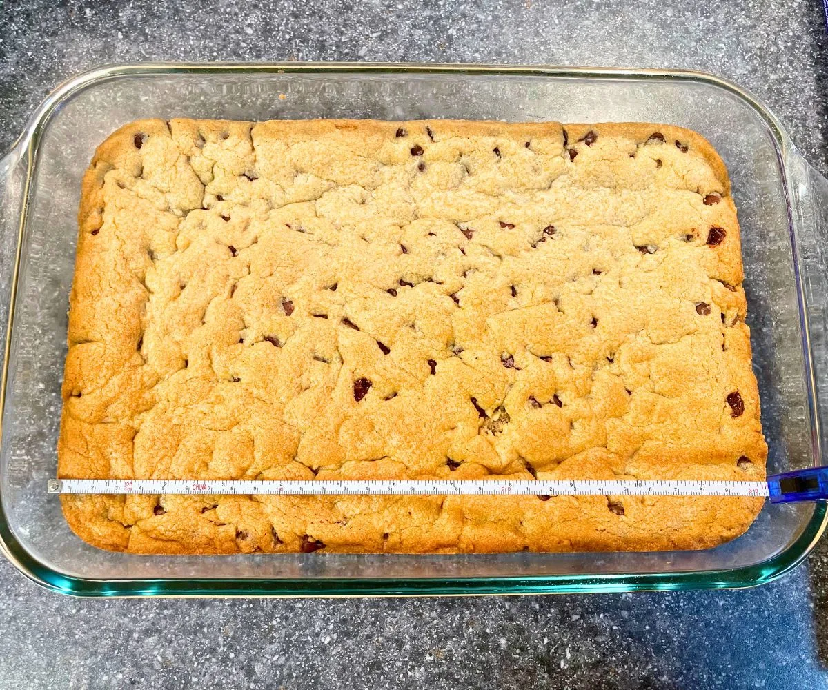 cookie bar in 9" X 13" with measuring tape showing 1 ft lengthwise