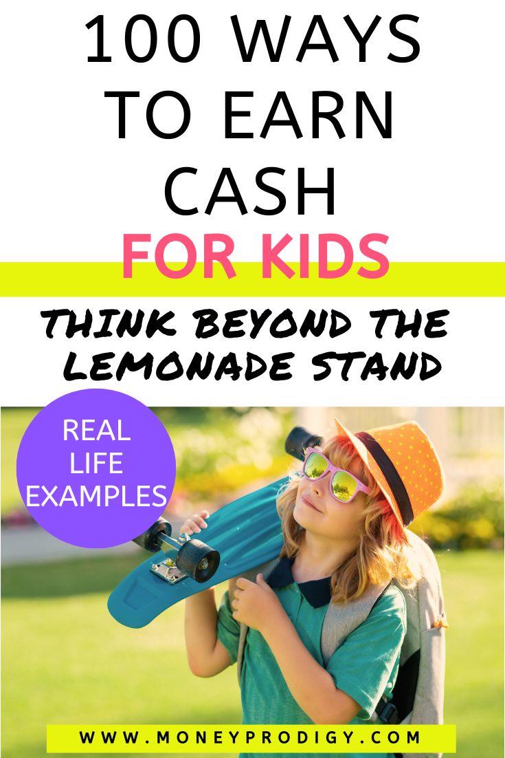 kid in bright clothing smiling up towards sky, text overlay "100 ways to earn cash as a kid"