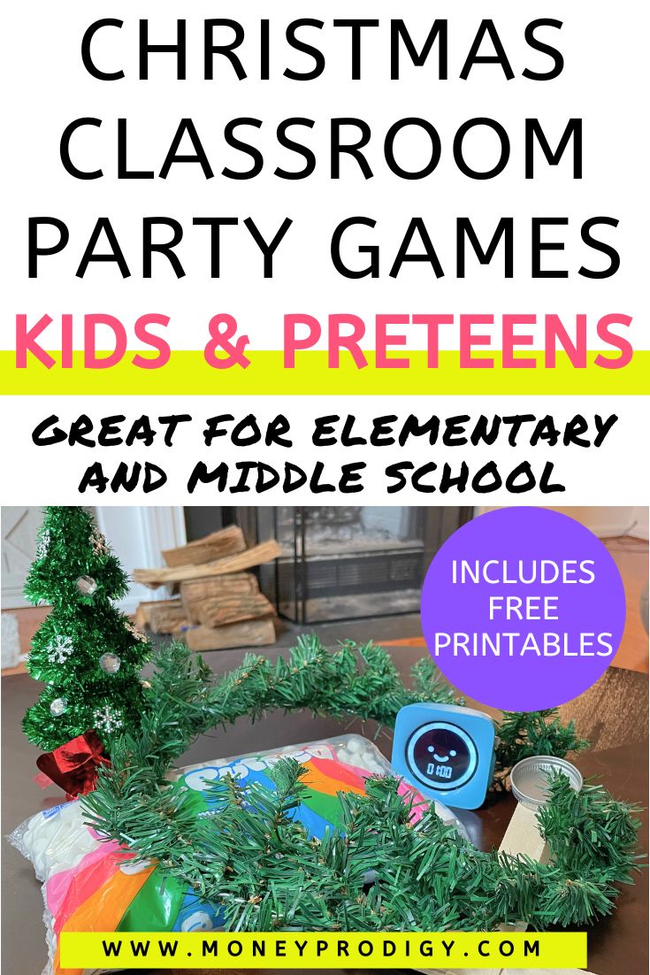 pile of holiday game supplies on dark table, text overlay "Christmas classroom party games kids & preteens, great for elementary and middle school"