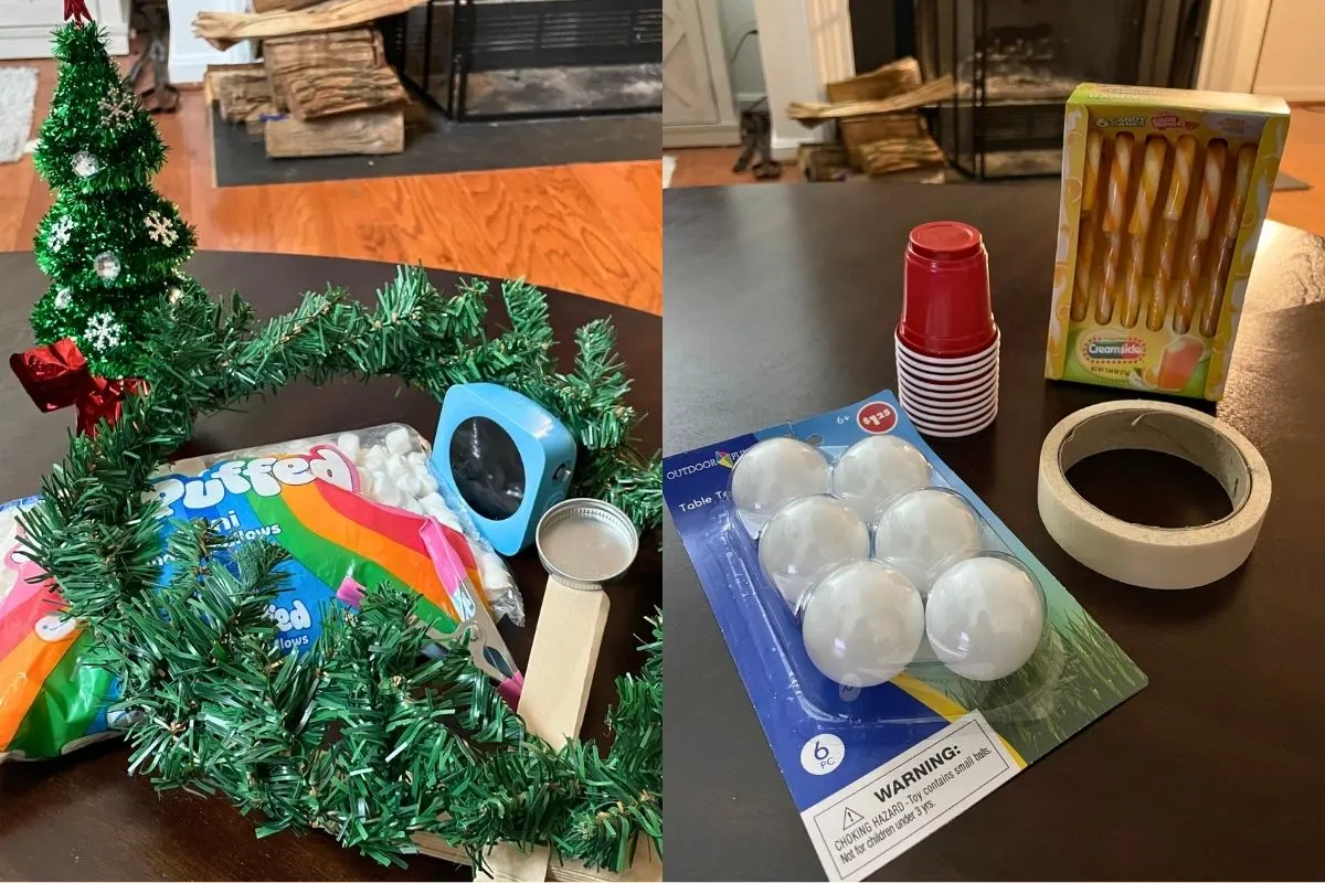 two sets of supplies for Christmas classroom party games for kids