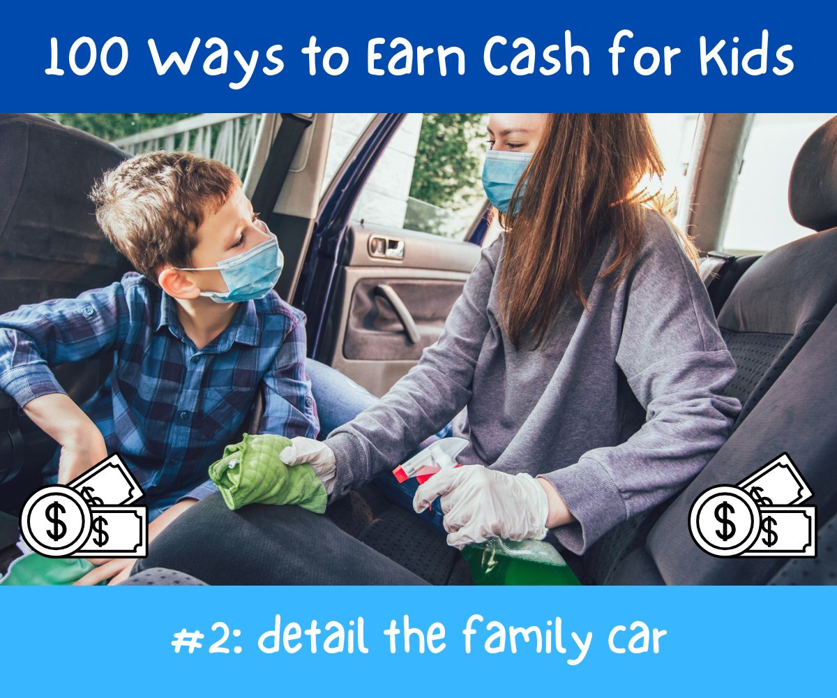 two kids wearing masks and cleaning inside of car